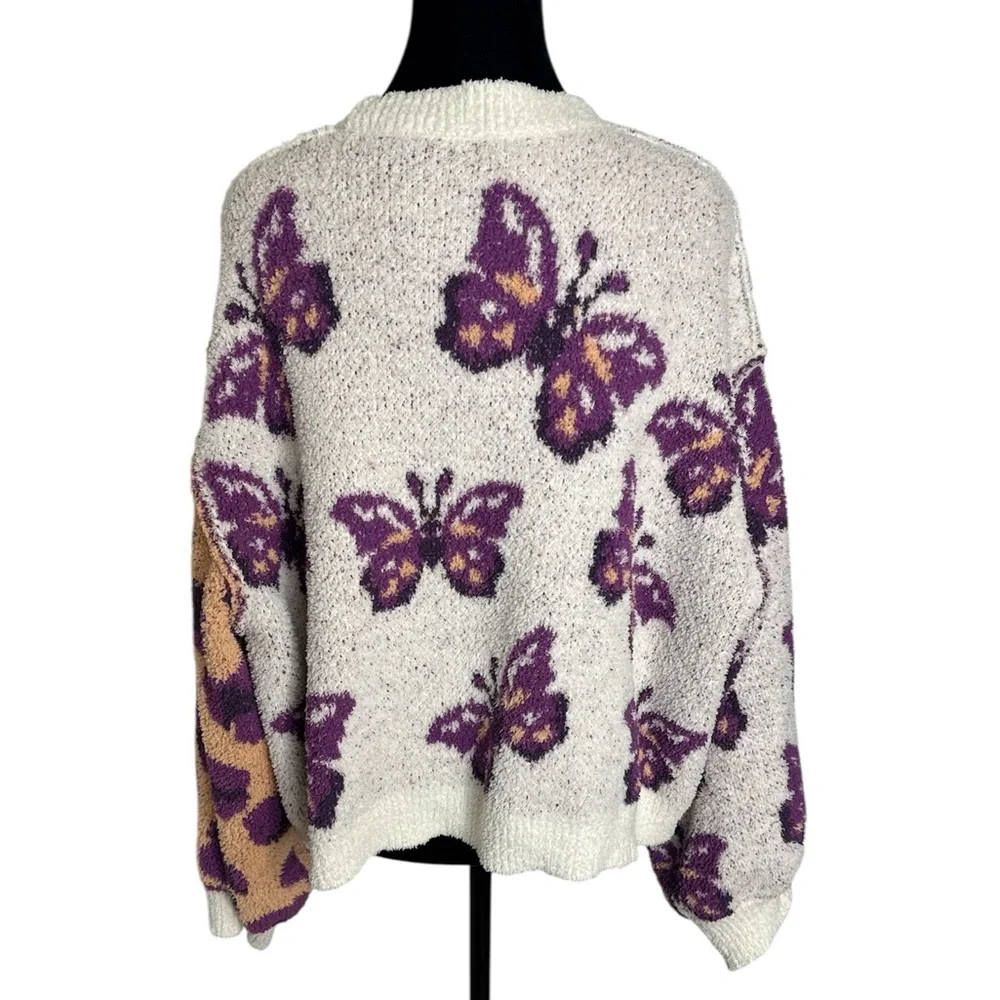 POL Butterfly & Leopard Colorblock Cardigan Sweater Oversized Boho Cozy - Picture 3 of 6